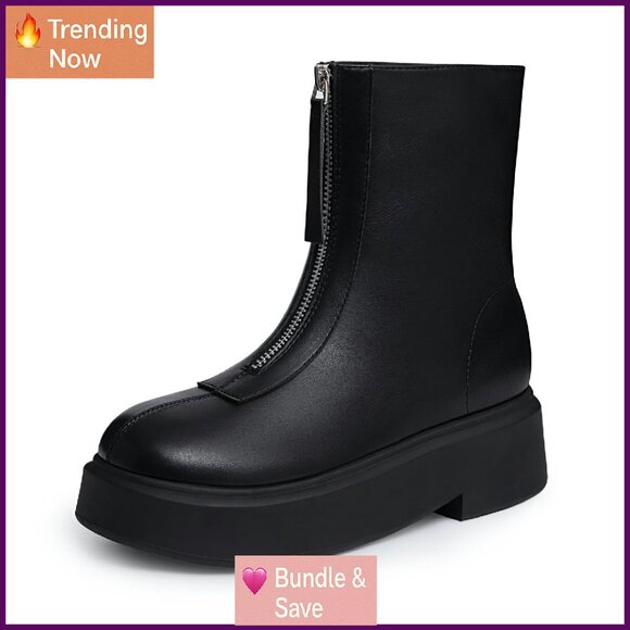 Platform Ankle Boots Round Toe Chunky Heel Front Zipper Comfortable - Picture 1 of 8